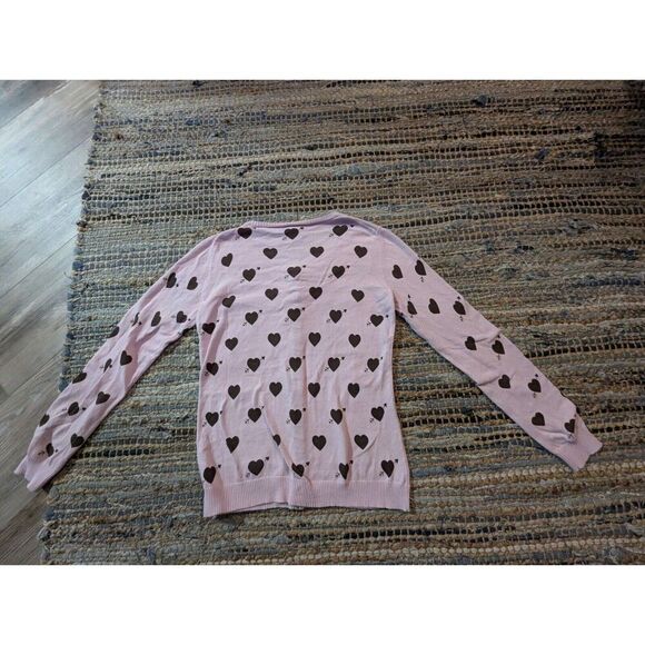 Vtg Powder Pink Button Up Cardigan M Black Hearts Valentine's Crew Neck Y2k - Picture 7 of 9